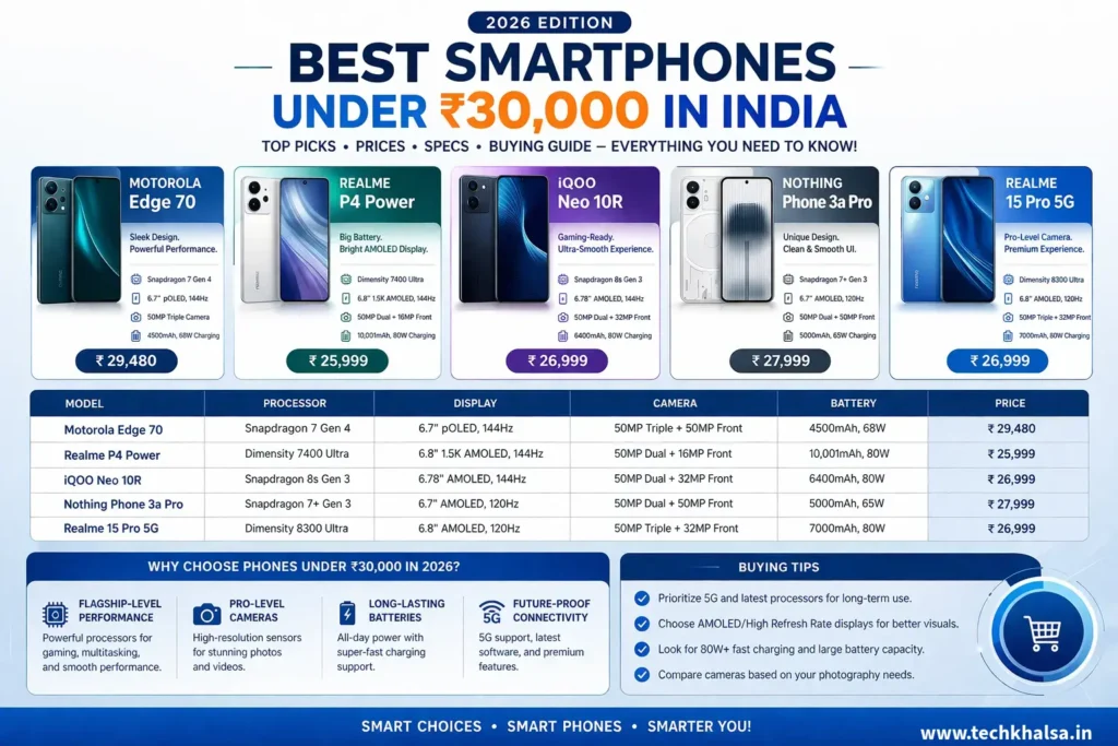 Best Value Smartphones Under 30000 India 2026 Buying Guide Best smartphones under 30000 in India 2026 featuring Motorola Edge 70, Realme P4 Power, and iQOO Neo 10R