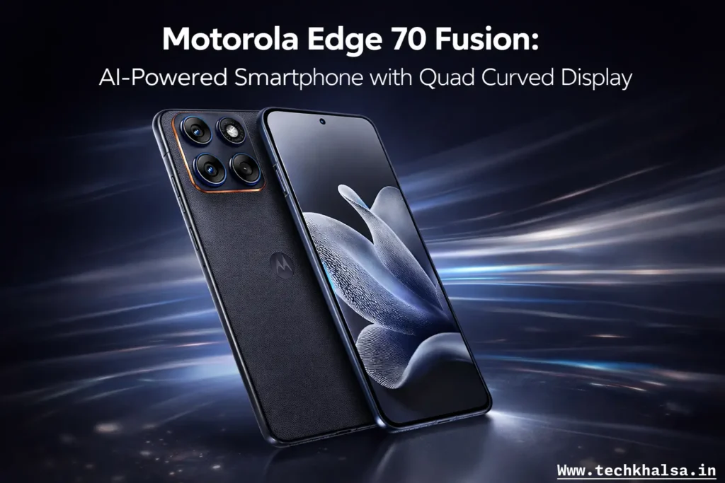 Motorola Edge 70 Fusion showing 144Hz quad-curved display and Sony LYTIA 710 camera.
