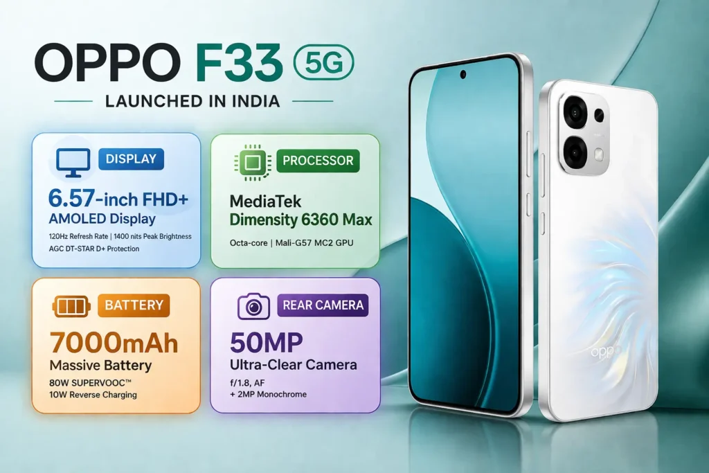 Oppo F33 5G in Forest Green and Pearl White with 7000mAh Battery