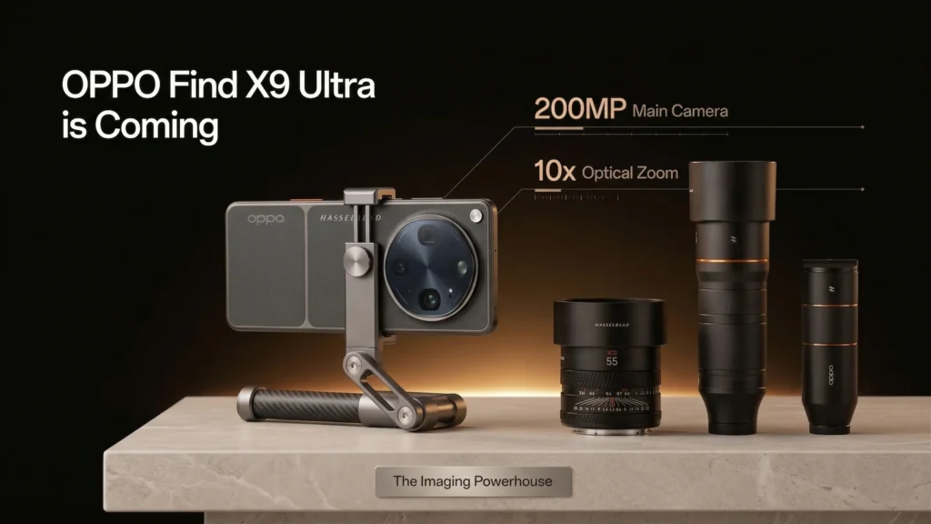 Oppo Find X9 Ultra in Sunset Orange eco-leather featuring a large circular Hasselblad camera module and dual telephoto lenses