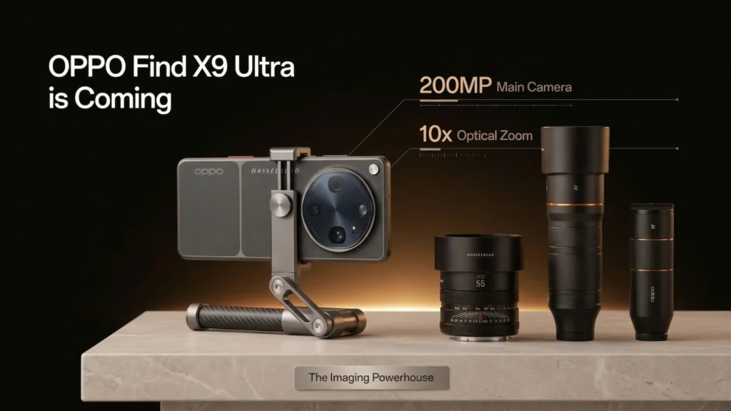 Oppo Find X9 Ultra in Sunset Orange eco-leather featuring a large circular Hasselblad camera module and dual telephoto lenses