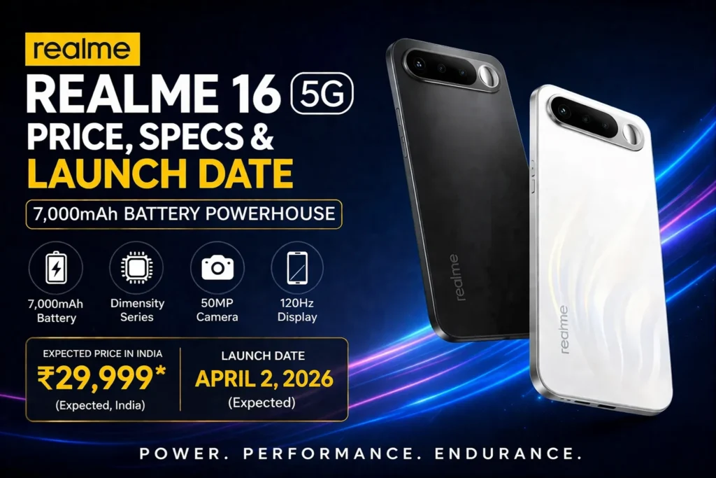 Realme 16 5G in Air White and Air Black showing the horizontal camera bar with integrated selfie mirror and slim 8.1mm chassis