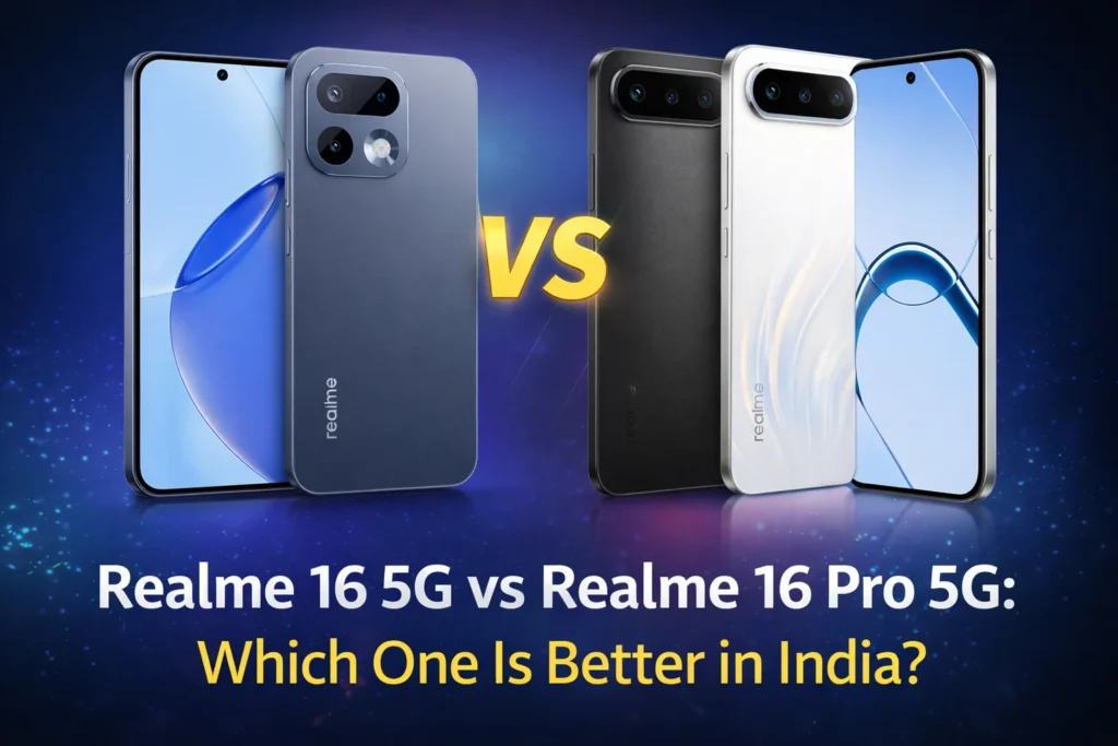 Realme 16 5G and Realme 16 Pro 5G side by side comparison showing 7000mAh battery and 200MP camera branding