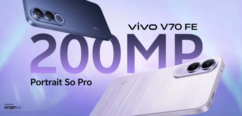 Vivo V70 FE in Northern Lights Purple showing the 200MP camera module and 7000mAh battery branding