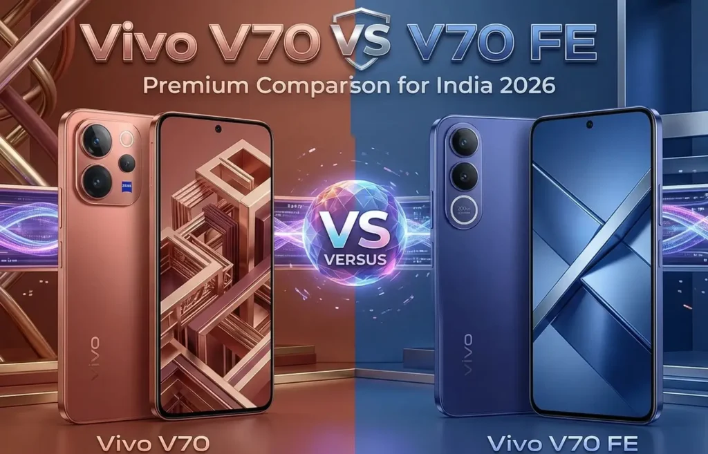 Vivo V70 vs V70 FE side by side comparison highlighting 7000mAh battery and 200MP camera setup