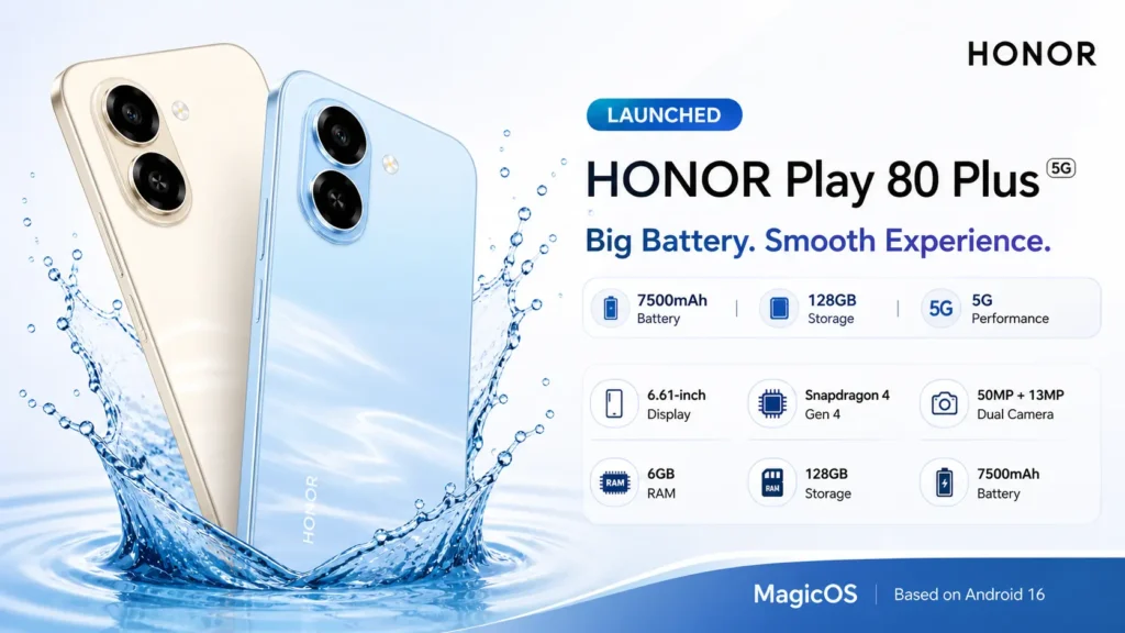Honor Play 80 Plus: World's Biggest Battery Budget 5G Phone 2026 Honor Play 80 Plus in Aquamarine with 7,500mAh battery and 120Hz display