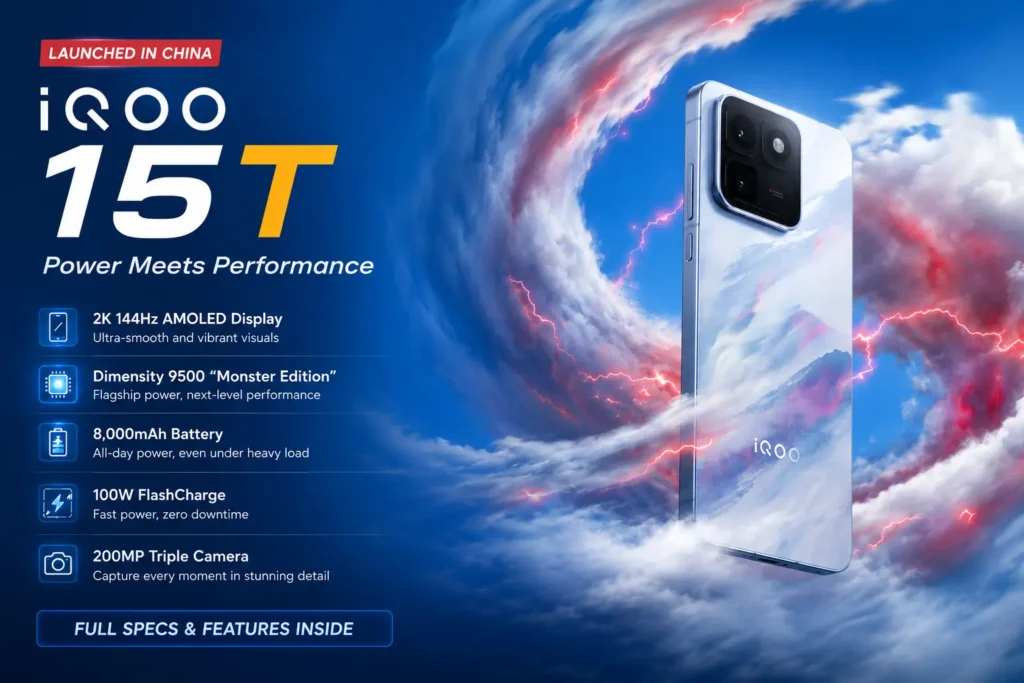 iQOO 15T gaming smartphone with 2K 144Hz display and 8000mAh battery