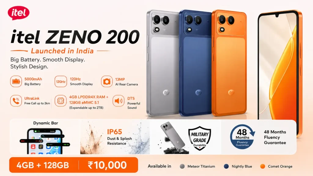 Itel Zeno 200: Rugged Budget Smartphone Under ₹10,000 Itel Zeno 200 in Comet Orange with 13MP camera and 5000mAh battery