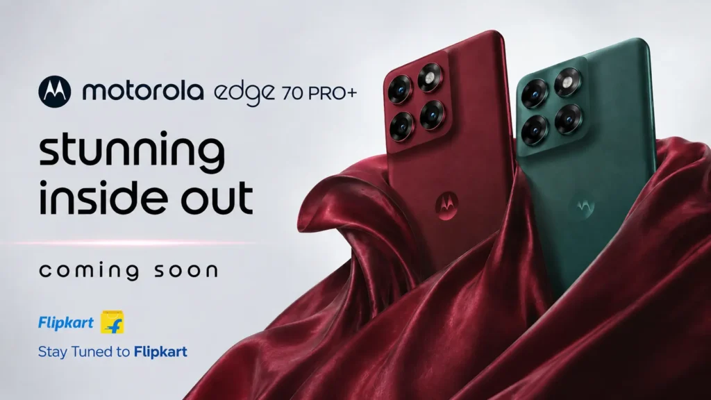 Motorola Edge 70 Pro+: Premium Design and Curved Display. Motorola Edge 70 Pro+ teased in Brown, Red, and Teal colors.