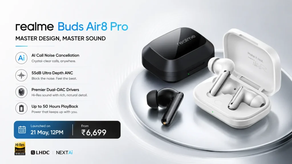 Realme Buds Air 8 Pro: Best ANC Earbuds Under ₹7,000 Realme Buds Air 8 Pro in Master Black and Master White featuring 55dB ANC and 50-hour battery life.