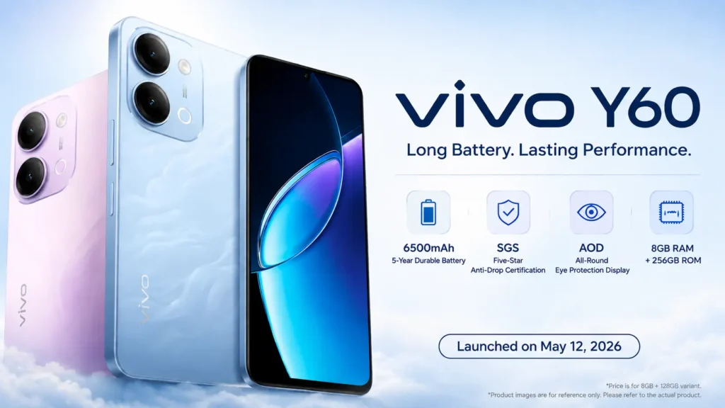 Vivo Y60 in Shanhaiqing Blue with 6,500mAh battery and 120Hz display.