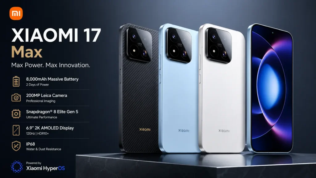 Xiaomi 17 Max in Sky Blue featuring a 200MP Leica camera and 8,000mAh battery.
