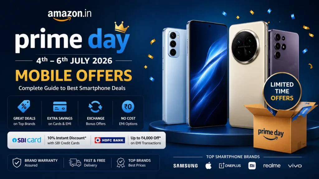 Amazon Prime Day 2026 mobile offers in India featuring up to 40% off on top smartphones.