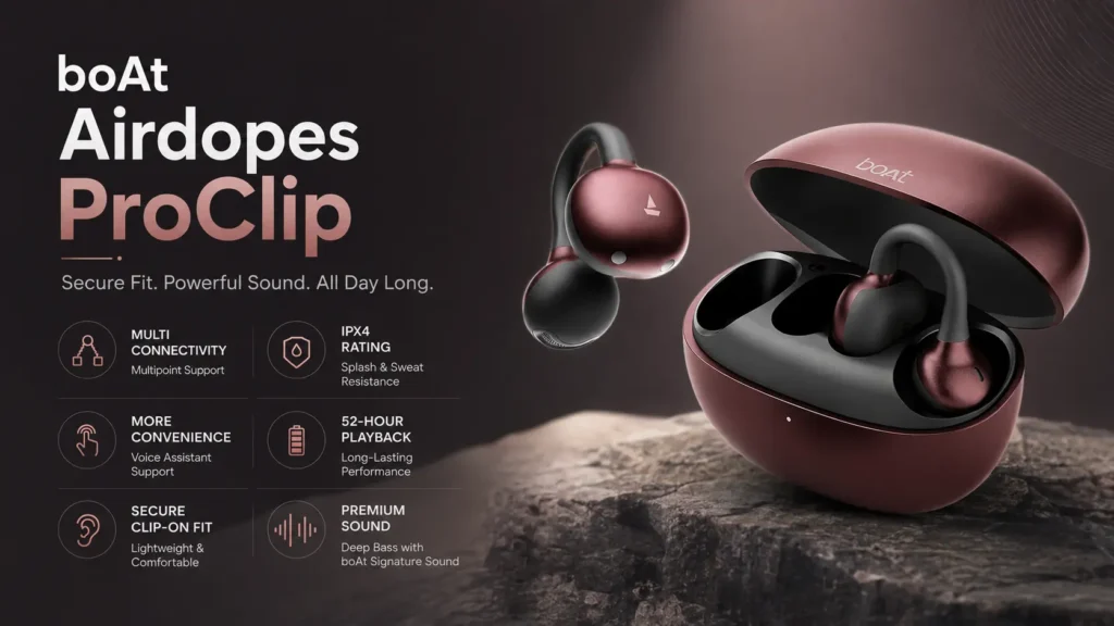 boAt Airdopes ProClip open-ear clip-on earbuds in Wine color showcasing the unique design.