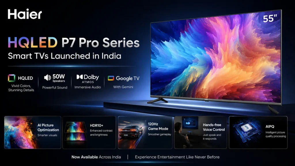 Haier HQLED P7 Pro Series Smart TV displaying vivid 4K content with Google TV interface.