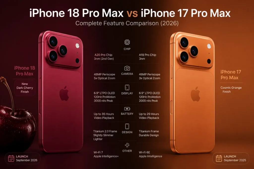 iPhone 18 Pro Max vs 17 Pro Max: Comprehensive Feature Comparison iPhone 18 Pro Max vs iPhone 17 Pro Max side by side comparison showing display and smaller Dynamic Island.