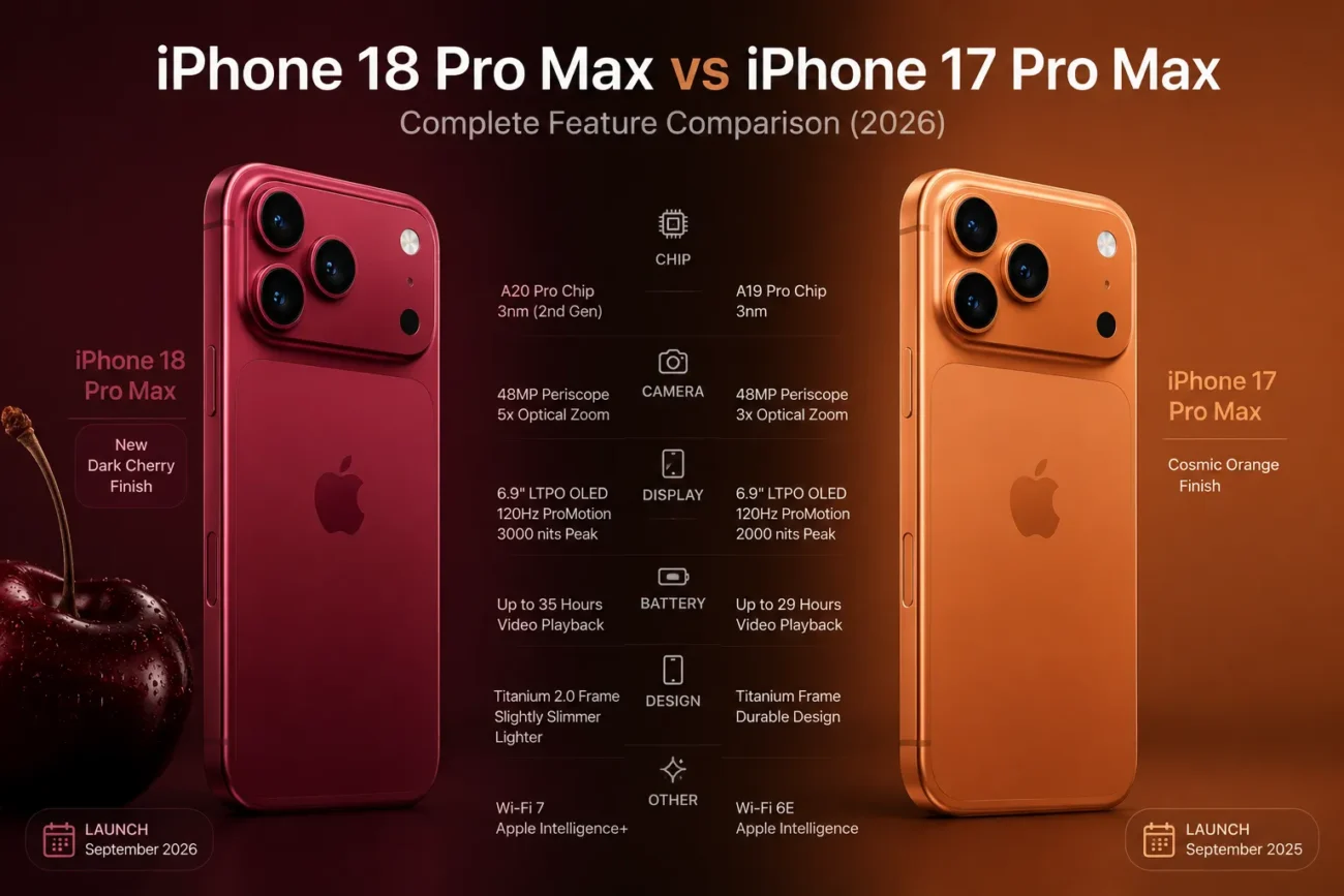 iPhone 18 Pro Max vs iPhone 17 Pro Max side by side comparison showing display and smaller Dynamic Island.