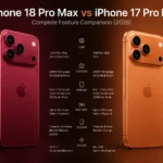 iPhone 18 Pro Max vs iPhone 17 Pro Max side by side comparison showing display and smaller Dynamic Island.