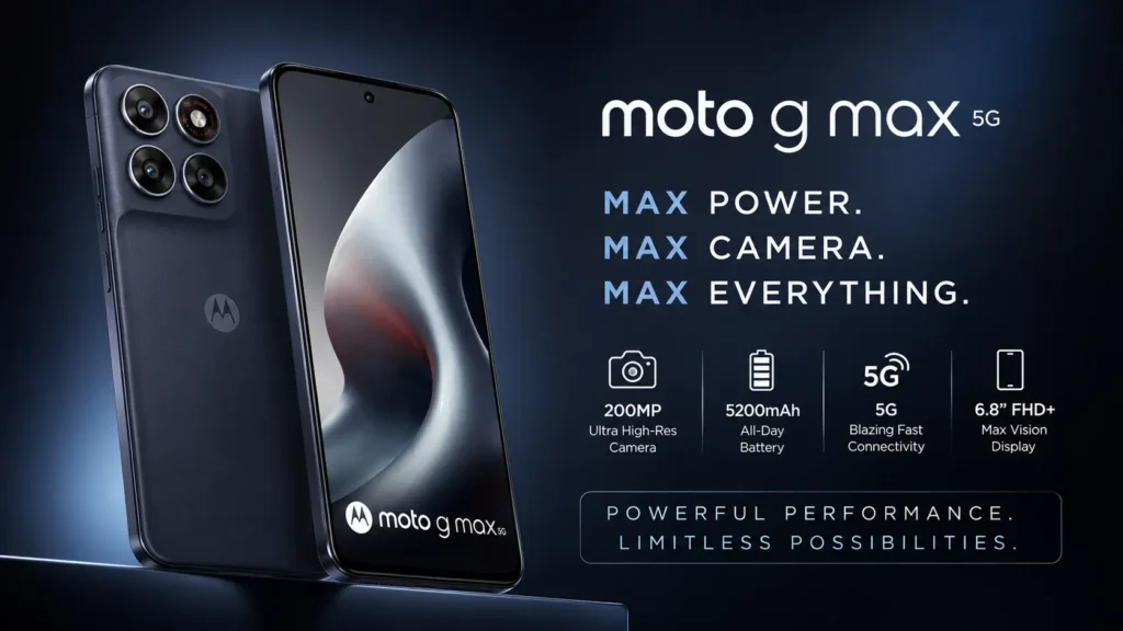 Moto G Max 5G with eco-leather back featuring a 200MP camera and AMOLED display.