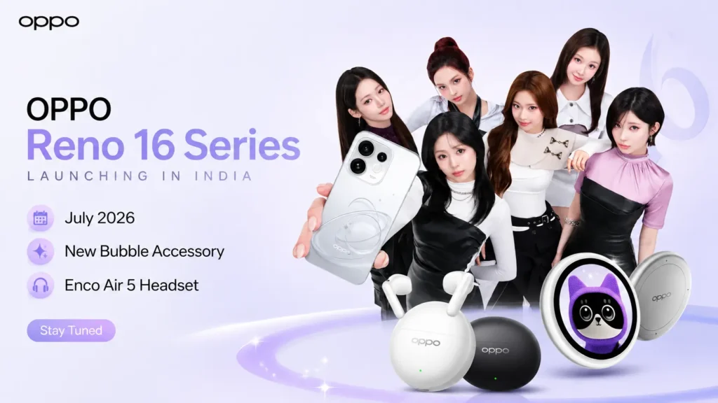 OPPO Reno 16 Series 5G with the magnetic Oppo Bubble selfie accessory and Enco Air 5 wireless earbuds.