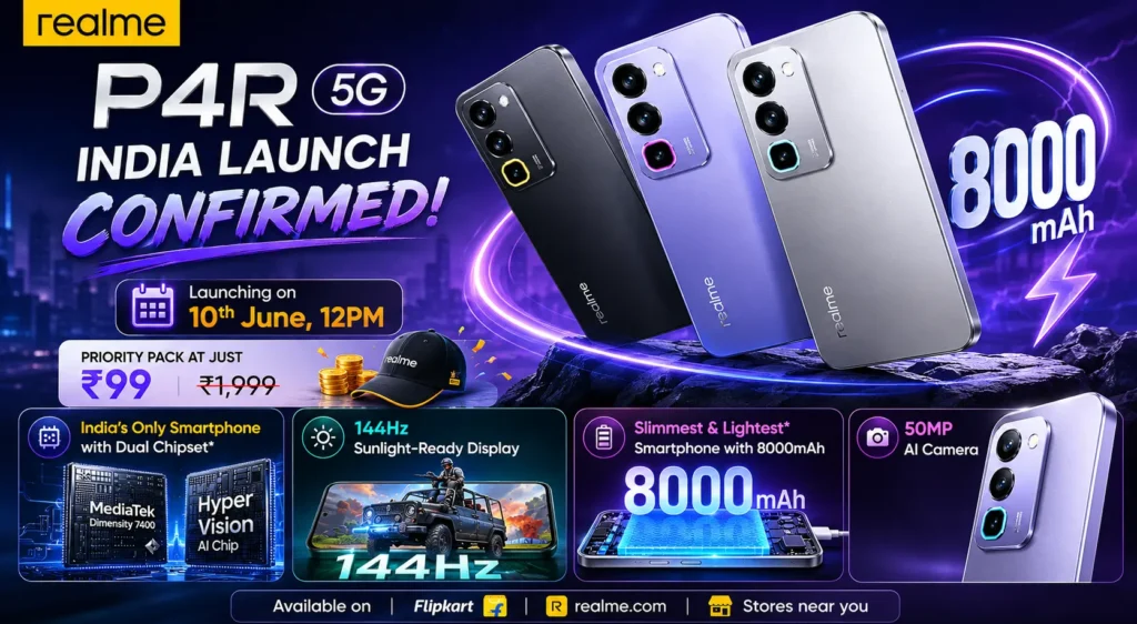 Realme P4R 5G: Budget Powerhouse with 8,000mAh Battery. Realme P4R 5G in Lavender Glare featuring a massive 8,000mAh battery and 144Hz display.