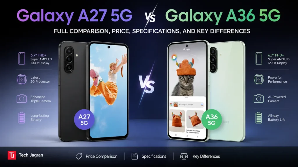 Samsung Galaxy A27 5G versus Galaxy A36 5G comparison highlighting display brightness and charging speeds.