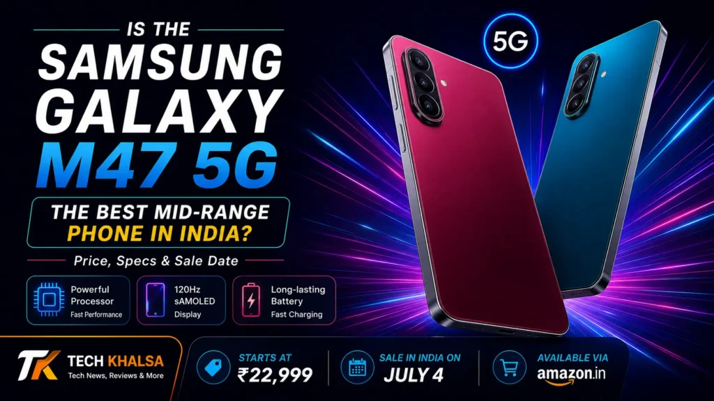Samsung Galaxy M47 5G in Blaze Blue featuring a 6.7-inch 120Hz Super AMOLED display and 6,000mAh battery.