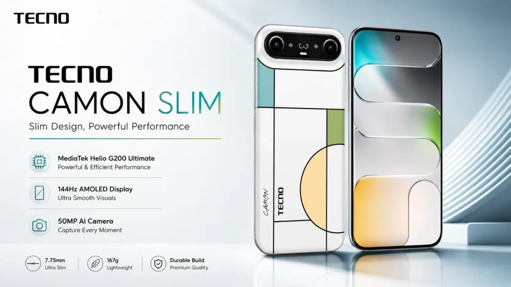 Tecno Camon Slim showing its ultra-thin 6.39mm profile and 144Hz AMOLED display.