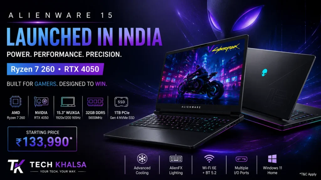 Alienware 15 gaming laptop in Nova Black finish featuring 15.3-inch 165Hz display and Alienware Cryo-tech cooling.
