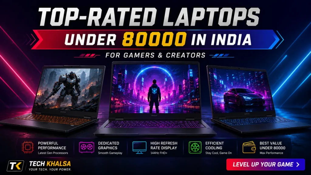 Top-Rated laptops under 80000 in India for gamers & creators featuring Asus TUF A15 and Lenovo LOQ models.
