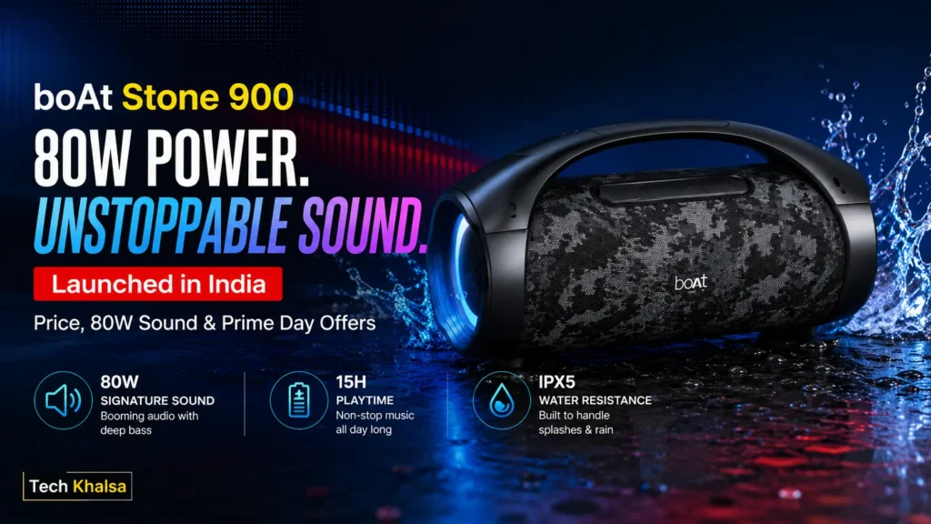 boAt Stone 900 portable Bluetooth speaker in Jungle Terrain with dynamic RGB party lighting active.