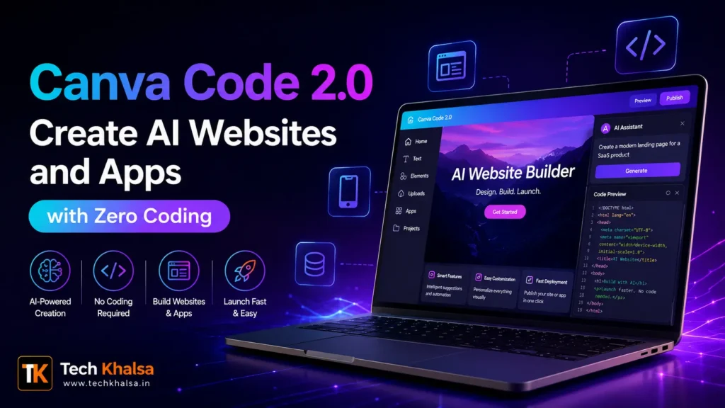 Canva Code 2.0 interface showing AI website creation via simple text prompts.