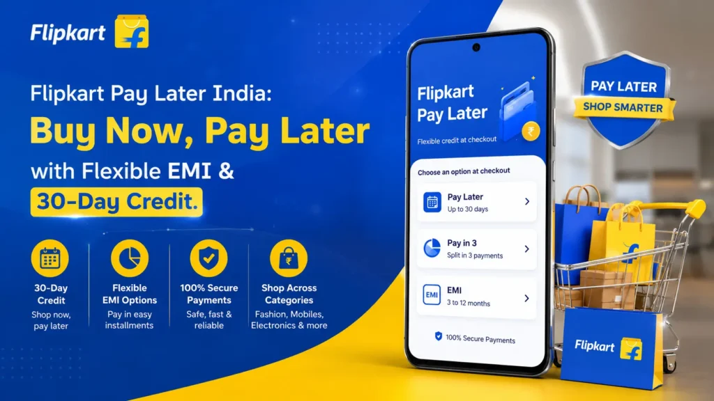 Flipkart Pay Later: Easy Digital Credit for Online Shopping. Flipkart Pay Later checkout screen showing flexible EMI, Pay in 3, and 30-day repayment options.