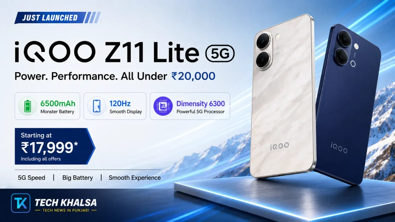 iQOO Z11 Lite 5G in Solar Flame and Midnight Blue showing 6,500mAh battery design and 120Hz display.