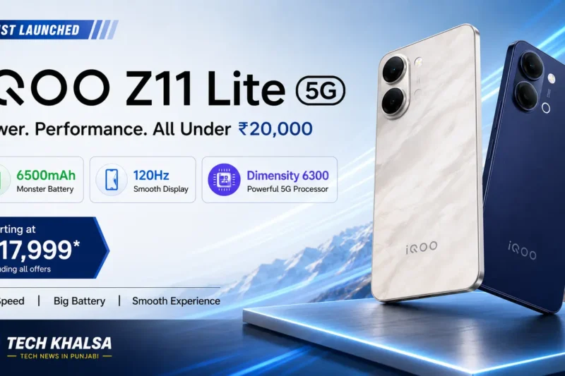 iQOO Z11 Lite 5G in Solar Flame and Midnight Blue showing 6,500mAh battery design and 120Hz display.