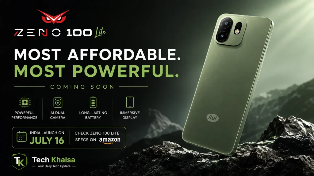itel Zeno 100 Pro and Zeno 100 Lite showing military-grade durability and dual rear camera design layout.