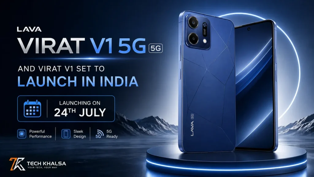 Lava Virat V1 5G in Arya Blue and Sonar Gold showing flat-frame design and dual rear cameras.