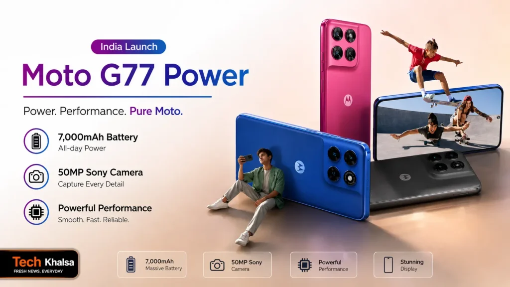 Moto G77 Power in Pantone Fuchsia Red featuring a 7,000mAh battery and a 50MP Sony LYT-600 rear camera array.