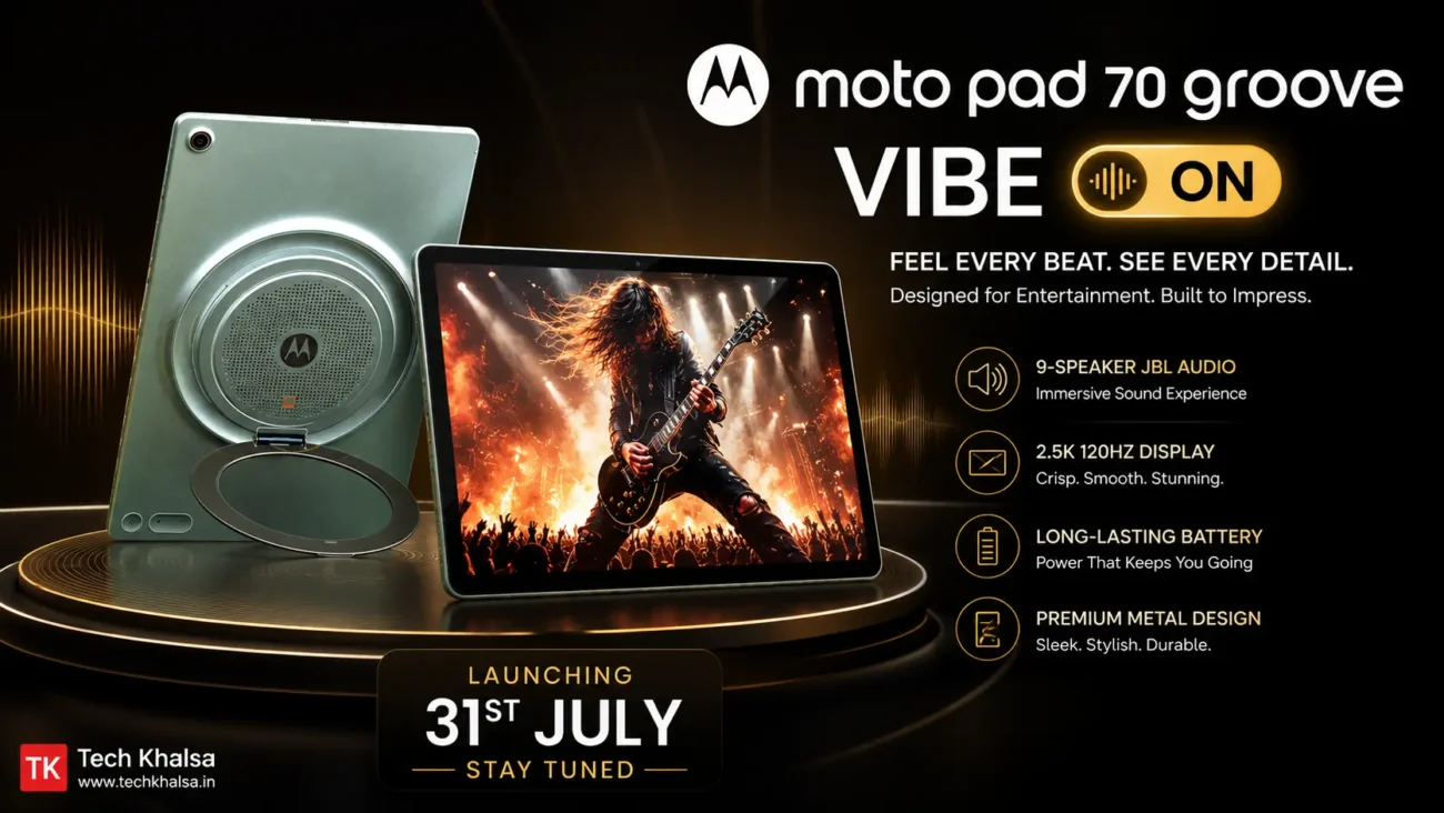 Moto Pad 70 Groove tablet featuring a 12.1-inch 2.5K display and 9-speaker JBL audio setup.