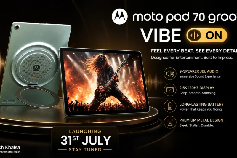 Moto Pad 70 Groove tablet featuring a 12.1-inch 2.5K display and 9-speaker JBL audio setup.
