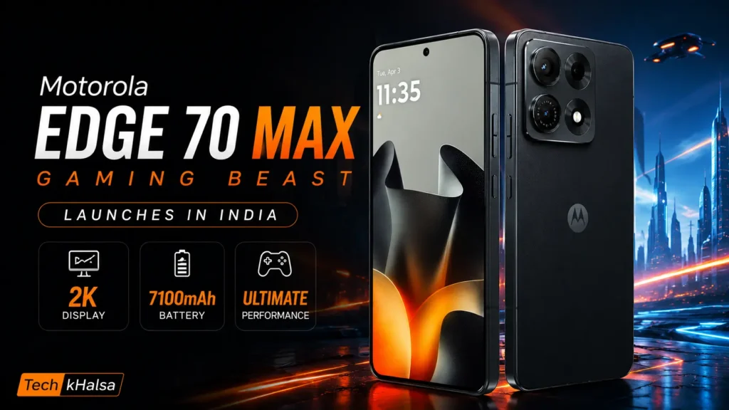 Motorola Edge 70 Max in Aqua Gray showing flat 2K AMOLED display and aluminum frame design.