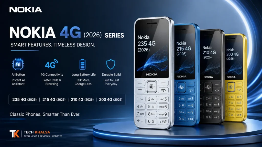 Nokia 235 4G 2026 and Nokia 215 4G 2026 feature phones highlighting physical keypads and the dedicated AI button.