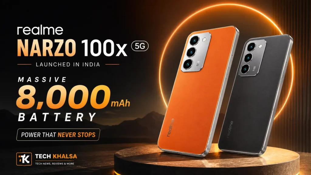 Realme Narzo 100x 5G in Flash Orange and Midnight Black featuring an 8,000mAh battery and a 144Hz display.