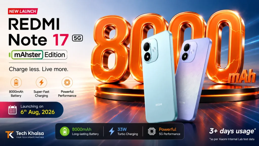 Redmi Note 17: Monster 8000mAh Battery Smartphone with Reverse Charging. Redmi Note 17 in blue featuring a massive 8000mAh battery and a large 7-inch Full HD+ display.