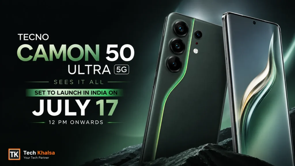Tecno Camon 50 Ultra 5G in Cypress Green and Nebula Titanium featuring a 43.5-degree curved AMOLED display.