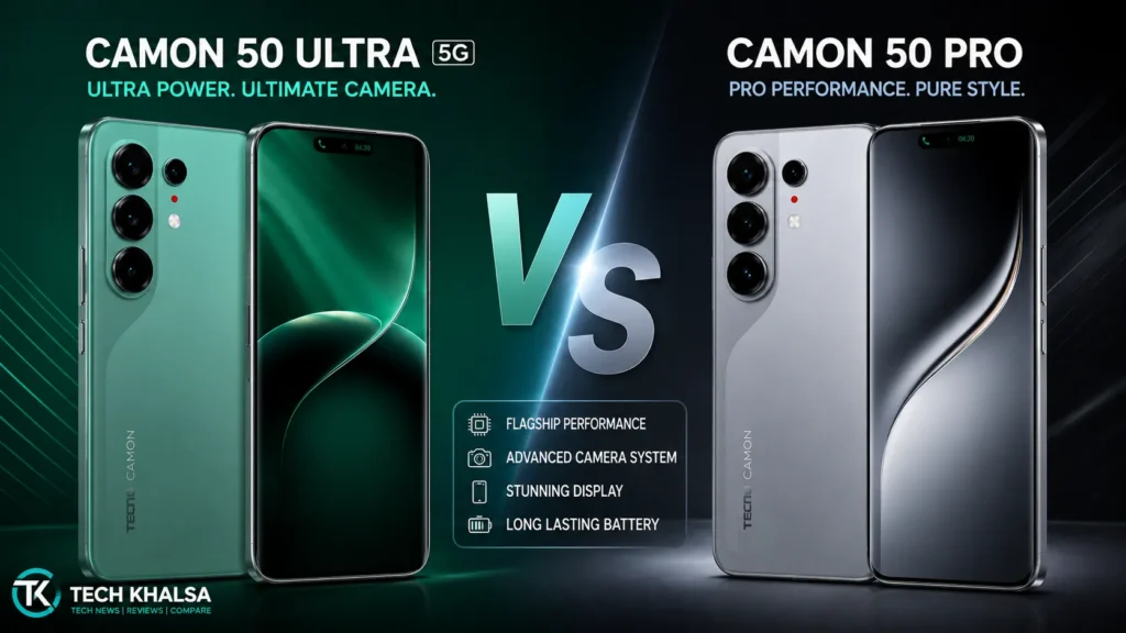 Tecno Camon 50 Ultra 5G vs Tecno Camon 50 Pro comparison showcasing the 6.78-inch curved AMOLED display panel design.