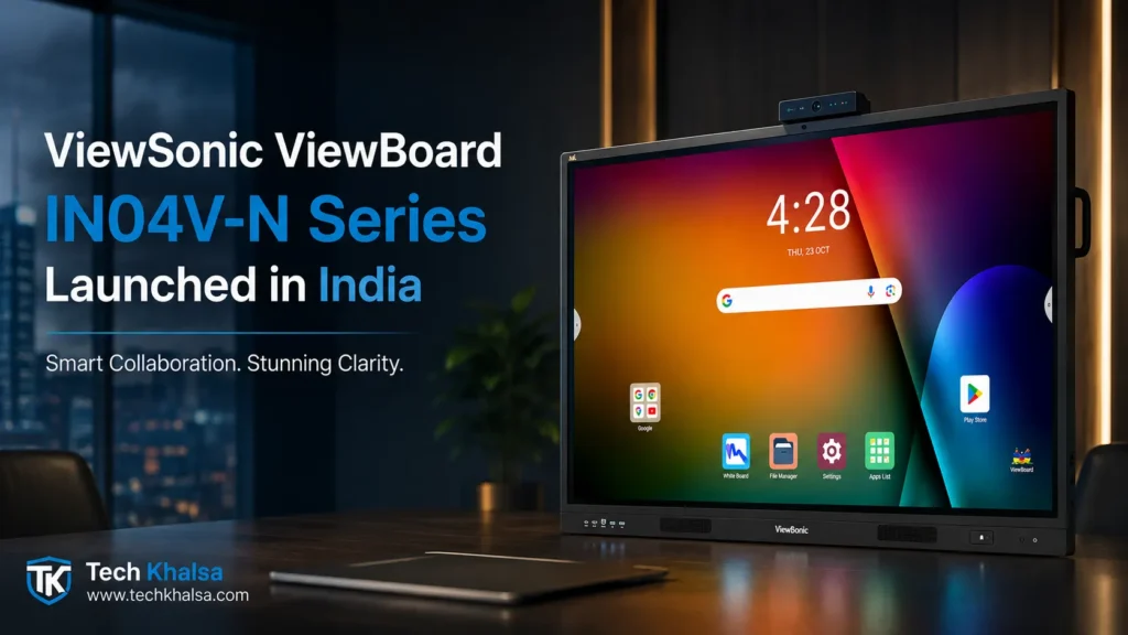ViewSonic ViewBoard IN04V-N Series interactive 4K display showcasing the built-in 48MP AI camera in a corporate hybrid boardroom.