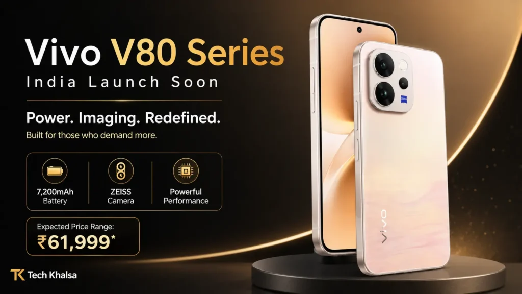 Vivo V80 series smartphone featuring a 6.59-inch 1.5K 144Hz display and ZEISS-tuned triple rear cameras.