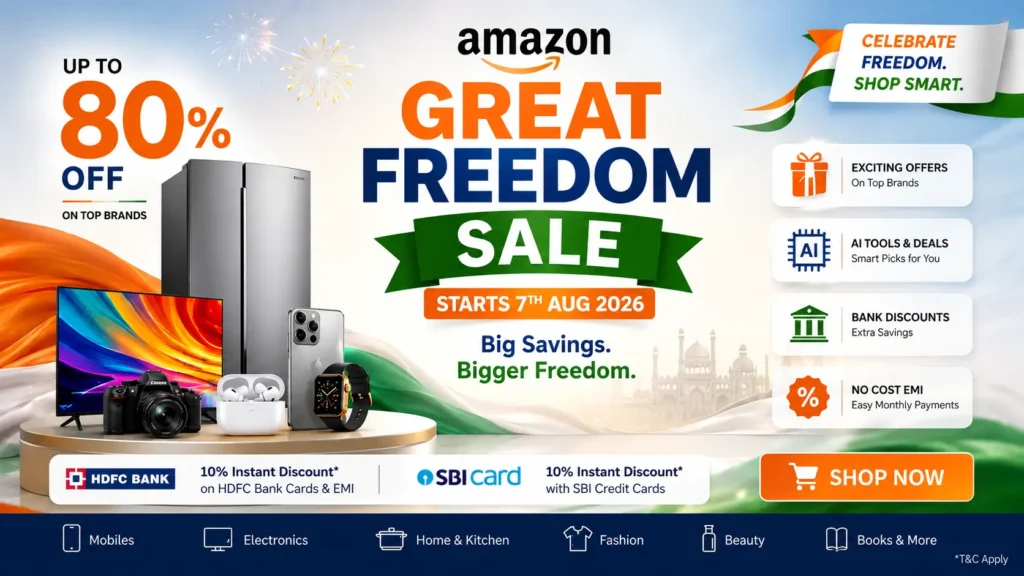 Amazon Great Freedom Sale 2026: Massive Deals and AI Shopping Tools. Amazon Great Freedom Sale 2026 banner showing AI tools like Rufus and Lens AI with bank discount offers.