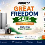 Amazon Great Freedom Sale 2026 banner showing AI tools like Rufus and Lens AI with bank discount offers.